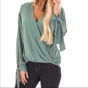 Green Surplice Blouse with Long Sleeve Tie Details